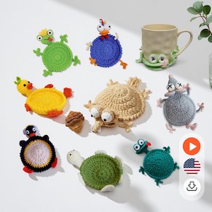 May include: A collection of handmade crochet coasters in various animal shapes, including a frog, chicken, duck, penguin, turtle, and a creature with large eyes. The coasters are in bright colors like green, yellow, blue, and beige, and are designed to hold a mug.