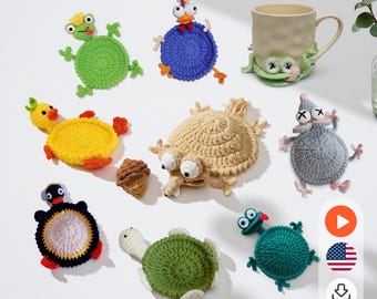 PDF+ Video 9-in-1 Animal Coaster Crochet  Pattern Set, Amigurumi Mug Rug, Funny Animal Crochet Coaster Pattern Bundle| PDF English Tutorial