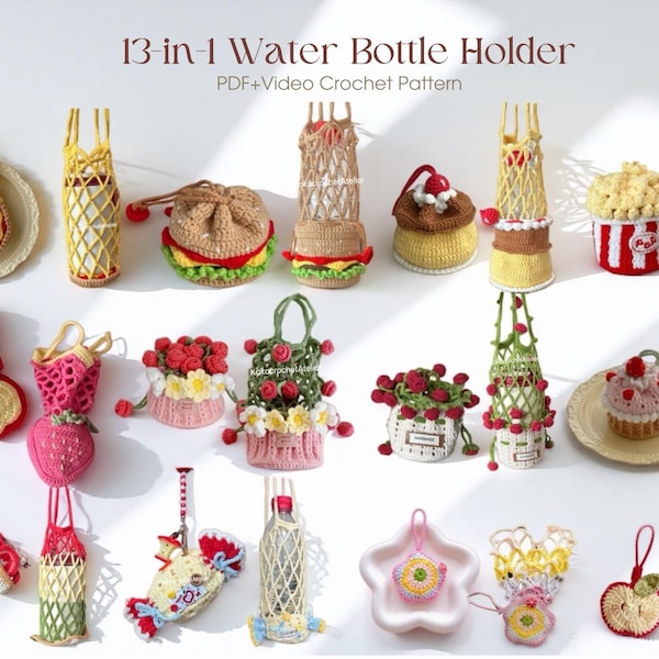 13-in-1 Food Inspired Water Bottle Holder Accessory Crochet Pattern Bundle – PDF + Video Tutorial