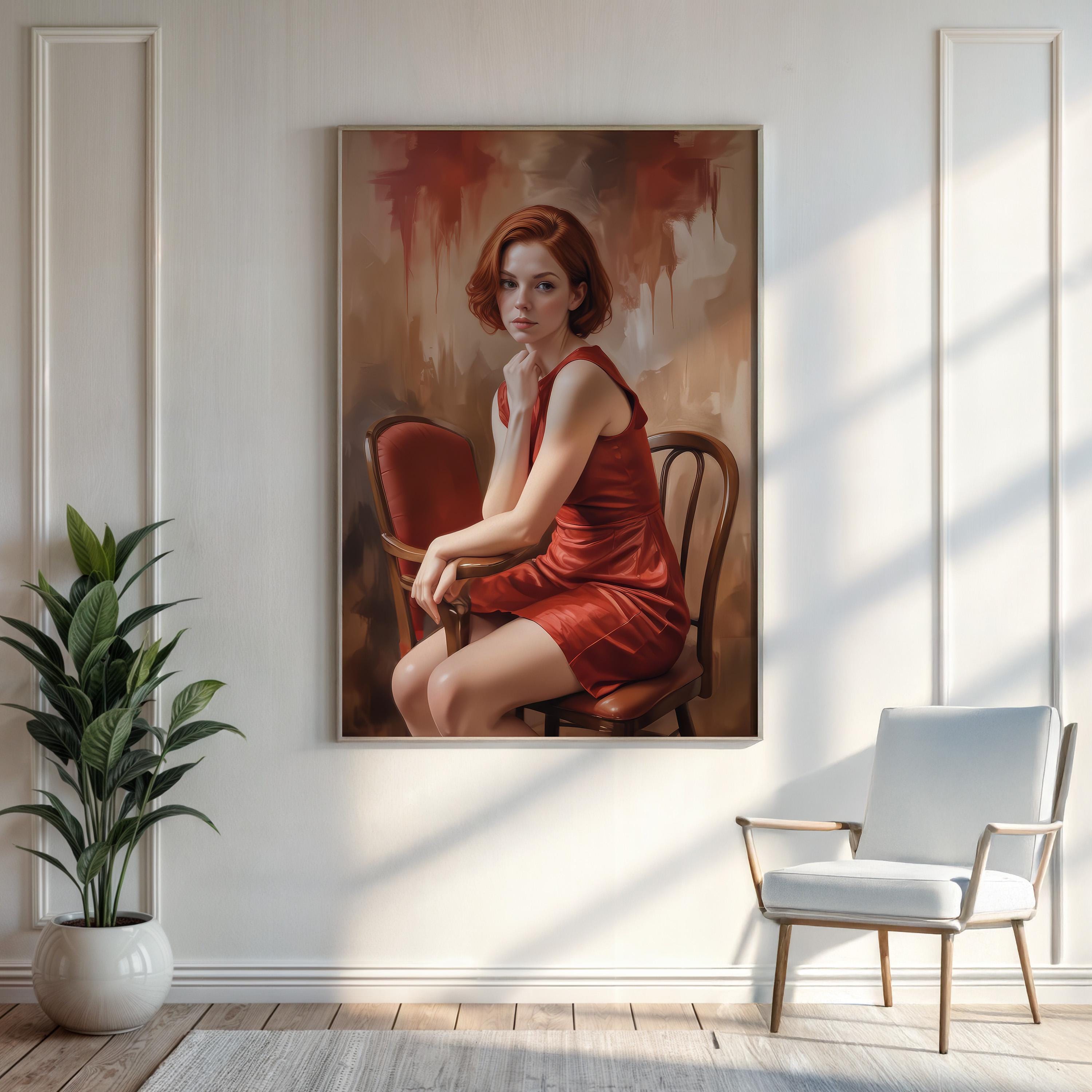 Vintage Chic Portrait, Elegant Woman in Red Dress, Framed Canvas Art - Etsy