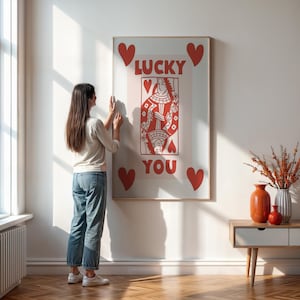 Lucky You speelkaart kunst aan de muur, vintage poster rode harten, poster voor gameliefhebbers, retro romantische print, eigenzinnig cadeau voor hem of haar