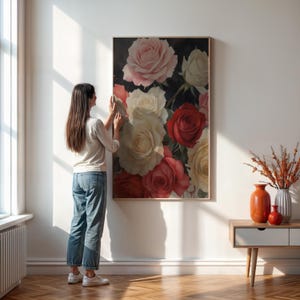 Vintage Rose Bouquet Wall Art, Romantic Floral Print with Soft Pink, Red - Cream Roses, Floral Wall Art - Framed or Unframed Wall Art