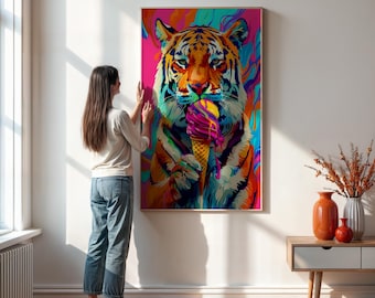 Tiger Ice Cream Pop Art Print – Framed Neon Animal Poster