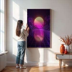 Retro synthwave zonsondergang poster, Vaporwave neon raster kunst aan de muur, jaren 80 esthetische palmboom print, futuristisch landschap cadeau voor hem of thuis