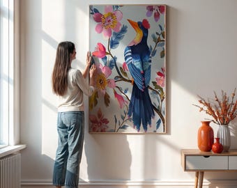 Blue Parrot Botanical Print – Vibrant Framed Tropical Bird Wall Art