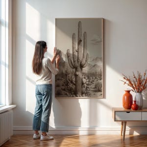 Wüsten Kaktus Wand Kunst Druck, Vintage Botanische Illustration Mit Berglandschaft, Südwestlichen Dekor für Zuhause, gerahmt oder ungerahmt