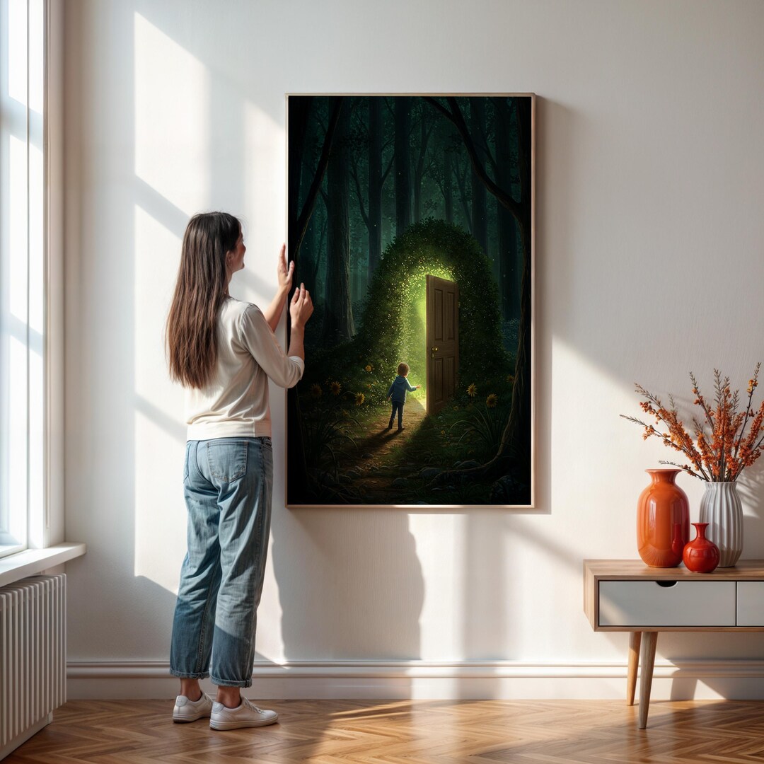 Magical Forest Doorway Wall Art Print – Surreal Fantasy Poster of Child ...