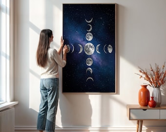 Moon Phases Cross Wall Art, Framed Galaxy Night Sky Poster, Celestial Lunar Cycle Canvas Print, Spiritual Astrology Gift For Home Decor
