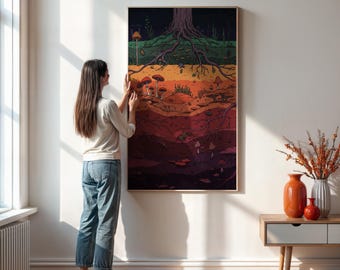 Underground Tree Root Poster, Fungi Soil Layers Wall Art, Nature Science Illustration, Framed Earth Section Print, Gift For Biology Lover