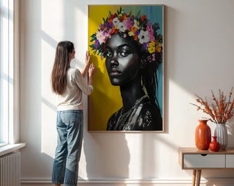 Colorful Afro Woman Wall Art, Vibrant Floral Crown Portrait Print,  African American Queen Decor,  Modern Bold Art Print Framed or Unframed