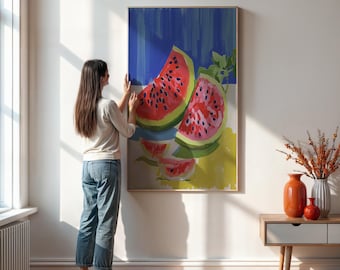 Framed or Unframed, Watermelon Slice Poster Print, Colorful Kitchen Wall Art, Modern Food Art, Summer Fruit Decor, Vibrant Still Life Print