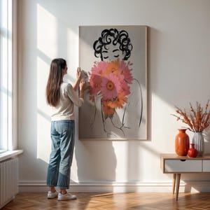 Impression d'art au trait floral, affiche moderne encadrée ou sans cadre, Illustration de femme minimaliste, art mural bohème, décoration élégante de croquis de fleurs, décoration d'intérieur
