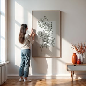 Impressão de desenho de flor botânica verde, arte de parede minimalista de papoula para quarto, decoração moderna inspirada na natureza, com ou sem moldura