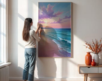 Pastel Beach Sunset Wall Art Print, Ocean Waves And Pink Sky Coastal Decor For Bedroom Or Living Room, Relaxing Gift, Framed Or Unframed