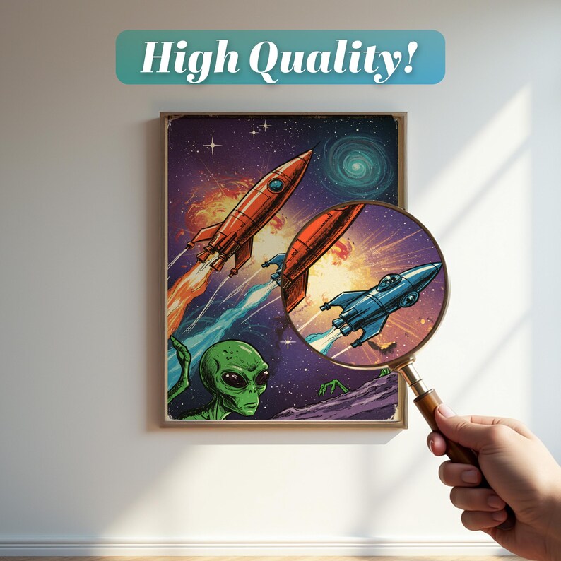 Retro Alien Spaceship Poster, Comic Style Rocket Wall Art, Sci-fi ...