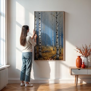 Birkenwald Wand Kunst Druck, Herbst Landschaft Leinwand, Natur Wald Gemälde, gerahmtes oder ungerahmtes Poster für gemütliche Haus- und Hüttendekorkunst