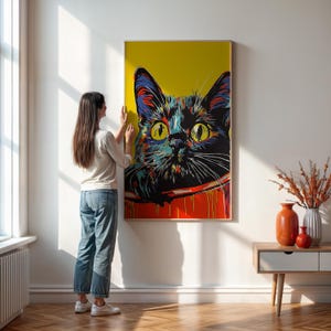 Psychedelic Cat Canvas, Vibrant Pop Art Kitty Wall Art, Bold Color Cat Poster, Framed Feline Print, Electric Animal Decor, Modern Pet Art