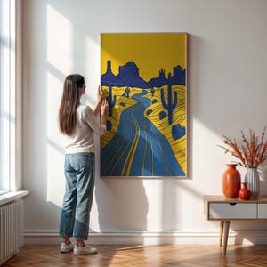 Desert Road Wand-Kunstdruck mit Kaktus Illustration, kräftiges gelbes und blaues Landschaftsplakat für modernes Wohndekor, gerahmt oder ungerahmt