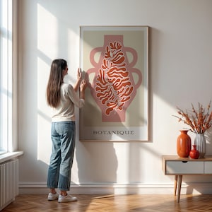 Lámina botánica abstracta en jarrón rosa terroso, decoración floral moderna para pared de cocina o sala de estar, regalo inspirado en la naturaleza para ella.