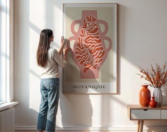Abstract Botanical Art Print, Earthy Pink Vase, Modern Floral Decor