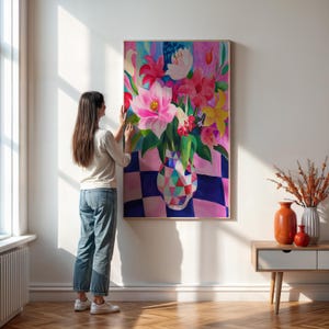 Decoración con arreglos florales vibrantes, arte mural botánico moderno, arte con jarrones geométricos, decoración pictórica para el hogar, póster con jarrones florales coloridos