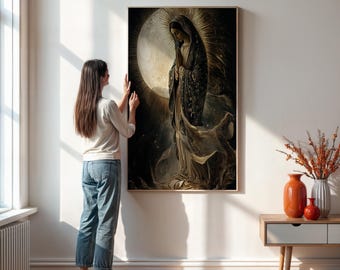 May include: A painting of a woman in a long, flowing robe standing in front of a large, bright moon. The woman is surrounded by stars and has a halo of light around her head. The painting is done in a dark, moody style with a lot of detail.
