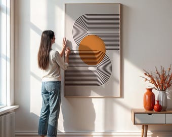 Geometric Line Art Wall Print, Orange Circle With Black Curves Poster, Modern Abstract Mid Century Home Decor, Minimal Art Gift Idea