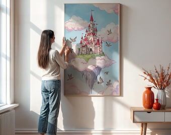 Whimsical Floating Castle Wall Art for Kids Room, Pink Cloud Fairy Tale Poster, Framed or Rolled Fantasy Print for Nursery or Gift