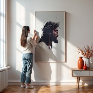 Minimalist Jesus Christ Wall Art With Crown Of Thorns, Modern Christian Portrait Print For Faith Decor Or Prayer Room, Framed Or Unframed