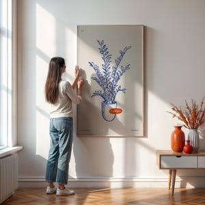 Pôster de planta Zamioculcas, impressão de arte botânica Blue Line, arte de linha de flores, desenho minimalista de planta de interior para decoração escandinava moderna e tranquila