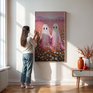 Rosa Geist Paar Wand Kunst Druck, Süßes Halloween Schlafzimmer Dekor, Pastell Gruselige Illustration Mit Blumen, Kinderzimmer Geschenkidee Für Sie Oder Kinder