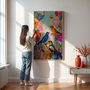 Colorful Birds and Flowers Art Print, Modern Nature Poster, Vibrant Boho Wall Decor, Framed Botanical Art, Boho Chic Decor