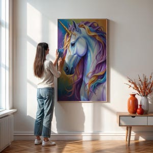 Magical Unicorn Wall Art, Fantasy Horse Print, Vibrant Rainbow Aesthetic, Whimsical Mythical Decor, Dreamy Fairytale Art, Framed Or Unframed