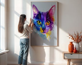 Colorful Cat Portrait Wall Art, Modern Pet Home Decor, Abstract Animal Painting, Watercolor Cat Poster Print, Rainbow Cat Lover Gift