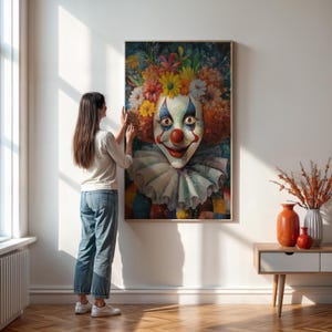 Arte mural de payaso con flores, pintura colorida y caprichosa, decoración de circo alegre - Impresión en lienzo con cara de payaso audaz - Arte mural con o sin marco