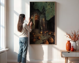 Haunted House Halloween Wall Art Print With Pumpkins And Bats, Spooky Gothic Castle Decor, Horror Holiday Gift, Framed Or Unframed Poster