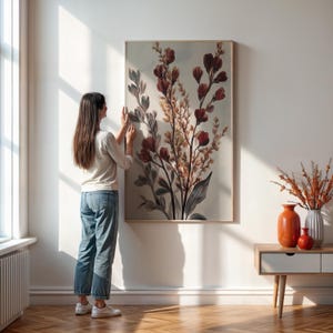 Roter botanischer Druck, gerolltes Blumenplakat, elegante Wandkunst, Natur inspirierte Dekoration, Vintage-Stil Geschenk für sie, Wohnzimmer Kunstwerk