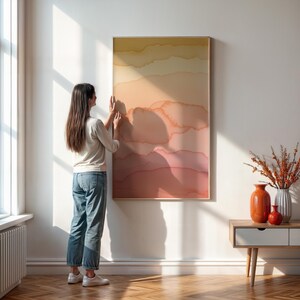 Peach Blush Watercolor Poster, Abstract Soft Wave Wall Art, Pastel Gradient Canvas Print, Framed Minimal Sunset-Inspired Home Decor