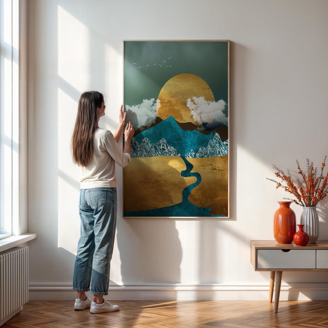 Gold & Teal Mountain Landscape Print – Abstract Geometric Wall Art - Etsy