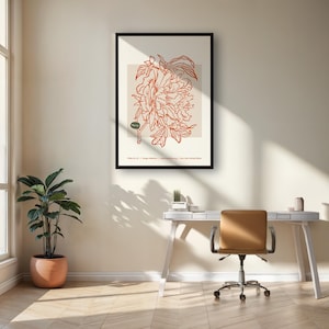 Pfingstrose Linie Zeichnung Wandkunst, moderner botanischer Druck, orange minimalistisches Blumenplakat, einzigartiges gerahmtes oder ungerahmtes Hauptdekorgeschenk, einzigartiges Geschenk