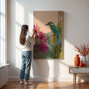 Impresión artística de pared de aves exóticas, póster de aves tropicales e hibiscos, decoración floral colorida de aves, póster de retrato de aves inspirado en la naturaleza