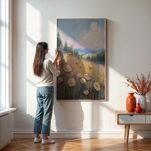Impression d&#39;art mural prairie de fleurs sauvages, peinture florale pastel de paysage pour décoration de chambre à coucher ou de salon, style cottage, encadré ou non
