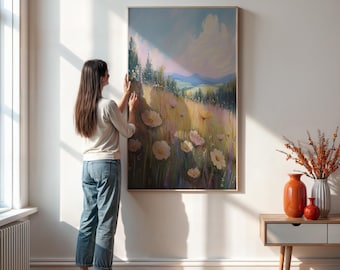 Wildflower Meadow Wall Art Print, Pastel Floral Landscape Painting For Bedroom Or Living Room Decor, Cottagecore Style, Framed Or Unframed