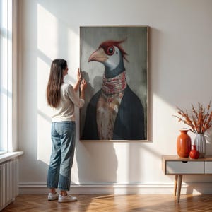Dapper Bird Portrait Wall Art, Anthropomorphic Bird Canvas,  Stylish Animal Print, Quirky Bird in Clothes,  Whimsical Avian Decor