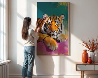 Framed Tiger Canvas Print, Colorful Jungle Wall Art