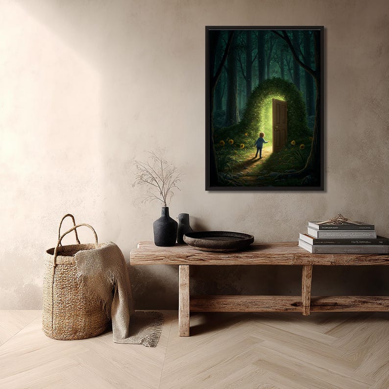 Magical Forest Doorway Wall Art Print – Surreal Fantasy Poster of Child ...