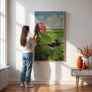 Rustic Farm Tractor Canvas,  Red Barn -  Green Meadow Landscape Wall Art for Country-Style Home Decor, Farmhouse Framed or Unframed Wall Art
