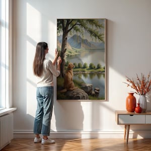Poster da parete con Golden Retriever. Cane che ammira lago e montagne. Stampa ispirata alla natura. Regalo per amanti dei cani. Con o senza cornice.