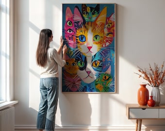 Pop Art Cat Illustration, Vibrant Feline Wall Art, Modern Cat Lover Decor, Colorful Cats Poster Print, Whimsical Animal Home Decor