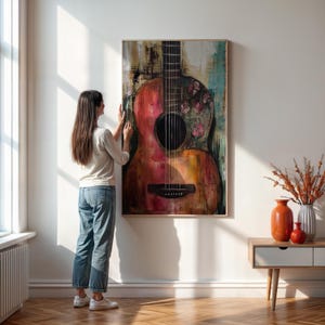 Colorful Guitar Wall Art,  Boho Music Lover Print, Abstract Acoustic Guitar Painting, Artistic Music Room Decor, Framed or Unframed Canvas